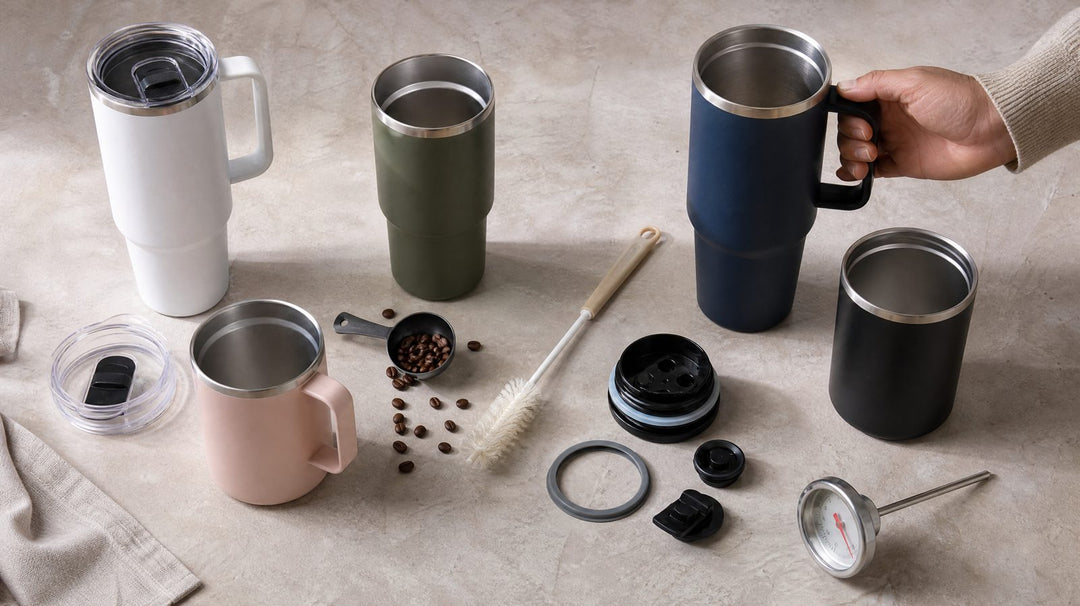 Thermobecher im Vergleich: verschiedene Becher, zerlegter Deckel und Thermometer